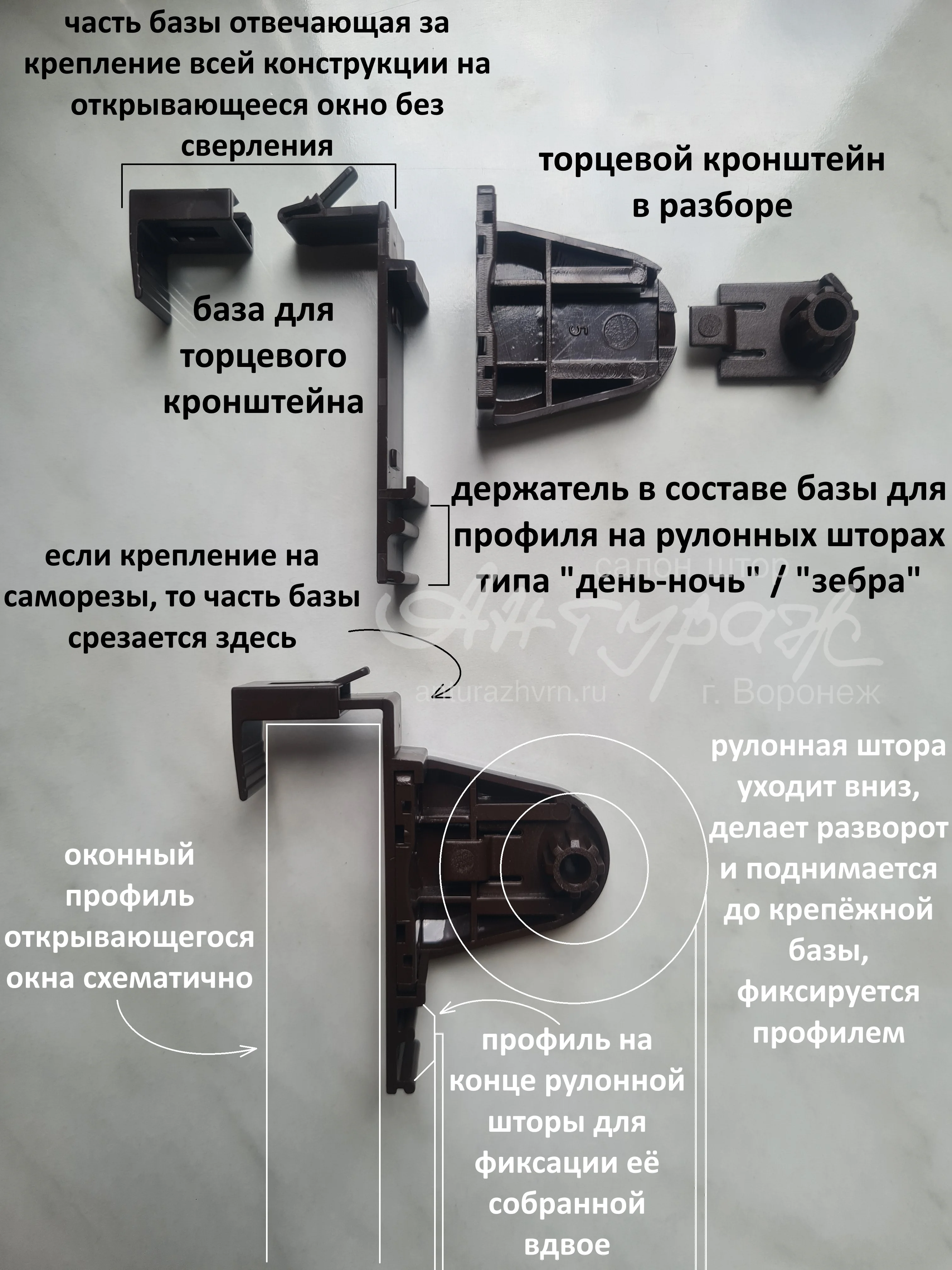 Кронштейн с базой для рулонных штор день-ночь и зебра в разрезе и схема расположения элементов
